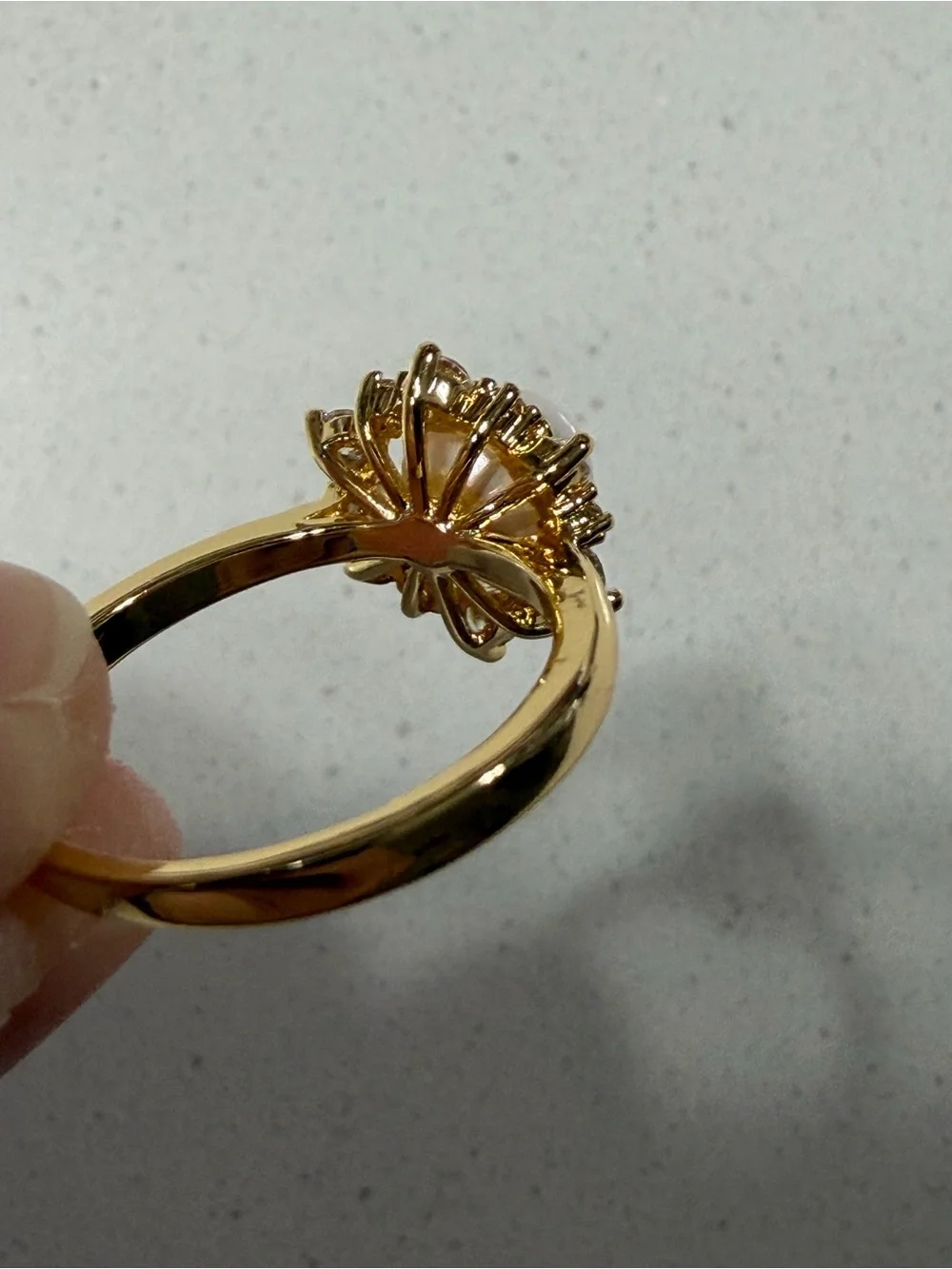 GoldOro Elegant Faux Pearl and AAA CZ Halo Ring